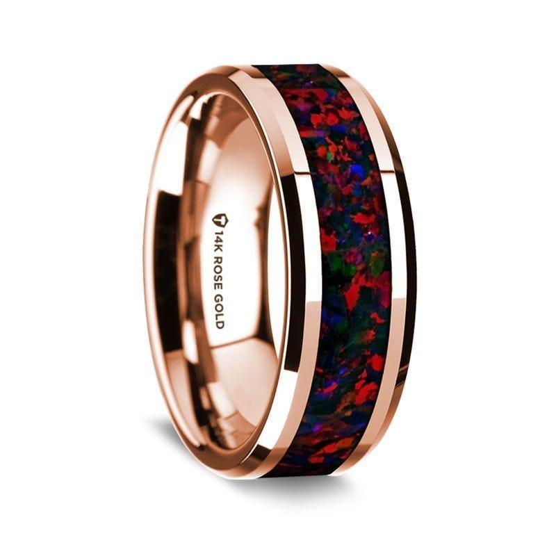 14K Rose Gold Polished Beveled Edges Wedding Ring with Black and Red Opal Inlay - 8 mm - Thorsten Rings