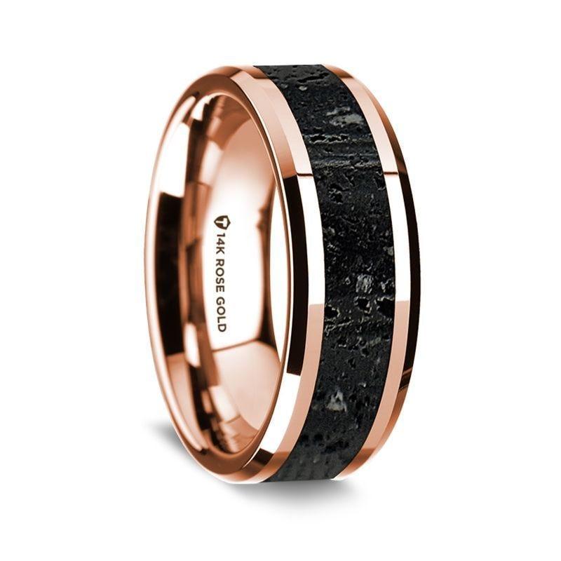 14K Rose Gold Polished Beveled Edges Wedding Ring with Lava Inlay - 8 mm - Thorsten Rings