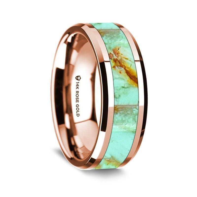 14K Rose Gold Polished Beveled Edges Wedding Ring with Turquoise Inlay - 8 mm - Thorsten Rings