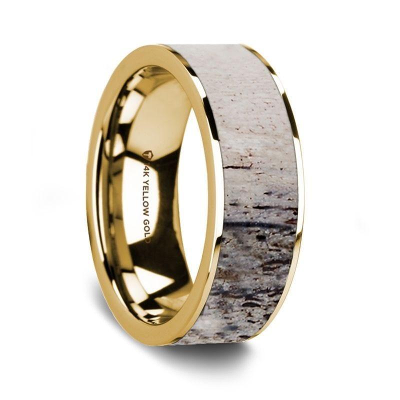 Flat Polished 14K Yellow Gold Wedding Ring with Ombre Deer Antler Inlay - 8 mm - Thorsten Rings