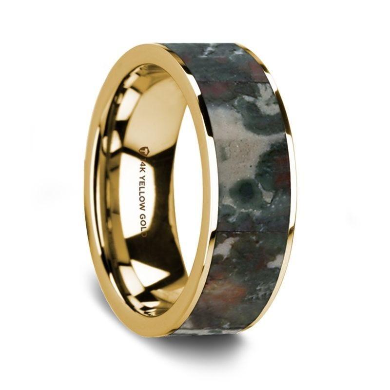 Flat Polished 14K Yellow Gold Wedding Ring with Coprolite Inlay - 8 mm - Thorsten Rings