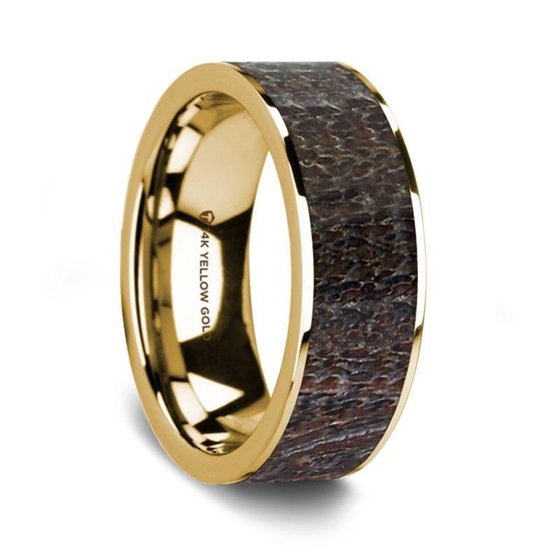 Flat Polished 14K Yellow Gold Wedding Ring with Dark Deer Antler Inlay - 8 mm - Thorsten Rings
