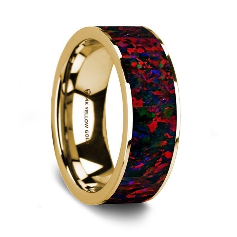 Flat Polished 14K Yellow Gold Wedding Ring with Black and Red Opal Inlay - 8 mm - Thorsten Rings