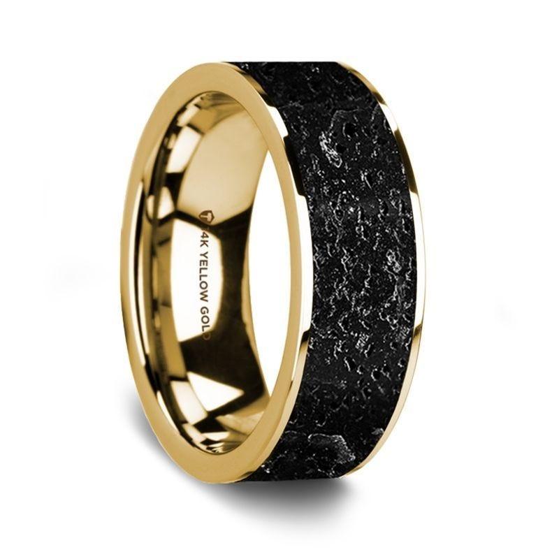 Flat Polished 14K Yellow Gold Wedding Ring with Lava Inlay - 8 mm - Thorsten Rings