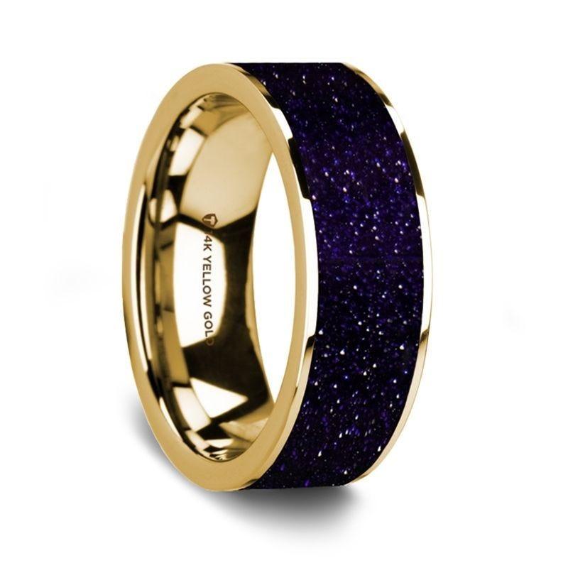 Flat Polished 14K Yellow Gold Wedding Ring with Purple Goldstone Inlay - 8 mm - Thorsten Rings
