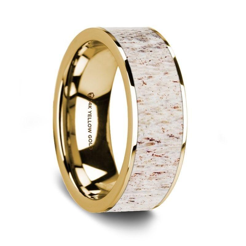 Flat Polished 14K Yellow Gold Wedding Ring with White Deer Antler Inlay - 8 mm - Thorsten Rings