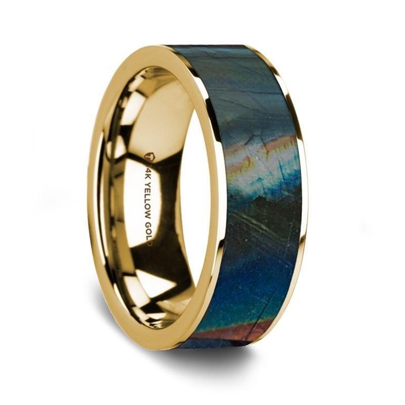 Flat Polished 14K Yellow Gold Wedding Ring with Spectrolite Inlay - 8 mm - Thorsten Rings
