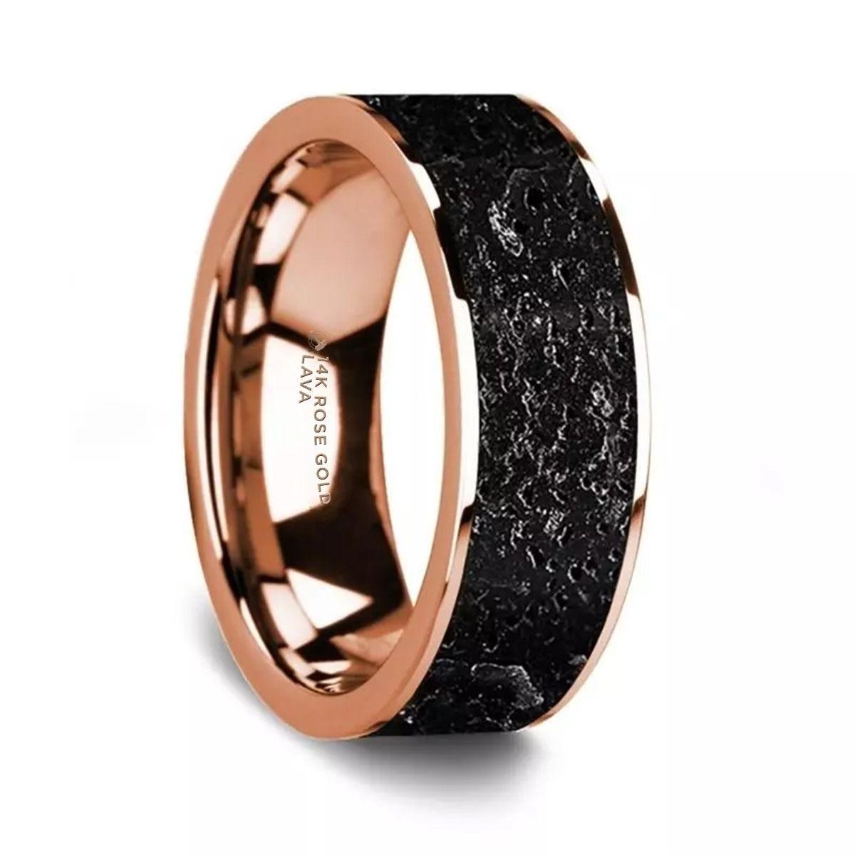 Flat Polished 14K Rose Gold Wedding Ring with Lava Rock Inlay - 8 mm - Thorsten Rings