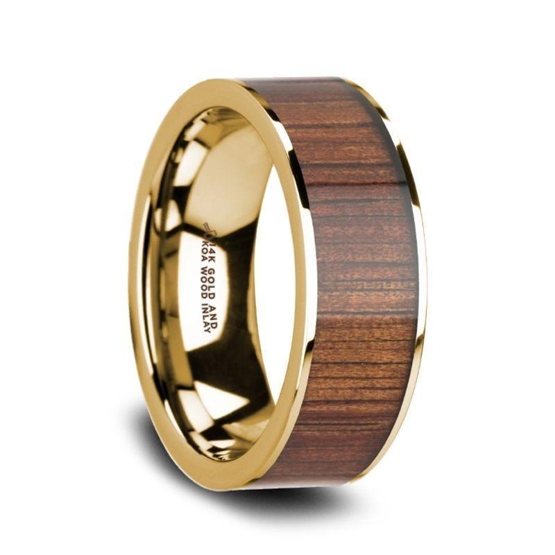 AURELIAN 14K Flat Pipe Cut Yellow Gold Ring Wedding Band with Rare Koa Wood Inlay and Polished Edges - 8mm - Thorsten Rings