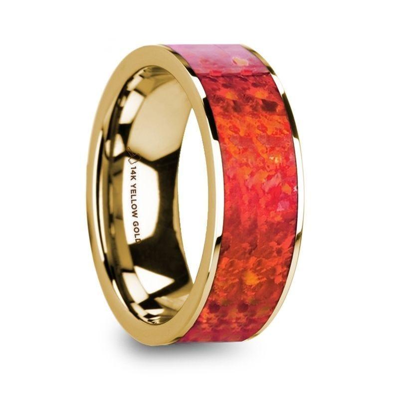 AEMBRUS Flat Polished 14K Yellow Gold with Red Opal Inlay - Thorsten Rings