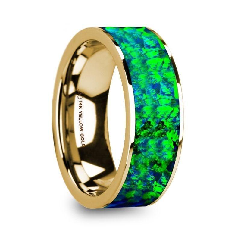 AGAPIOS Flat Polished 14K Yellow Gold with Emerald Green and Sapphire Blue Opal Inlay - 8mm - Thorsten Rings
