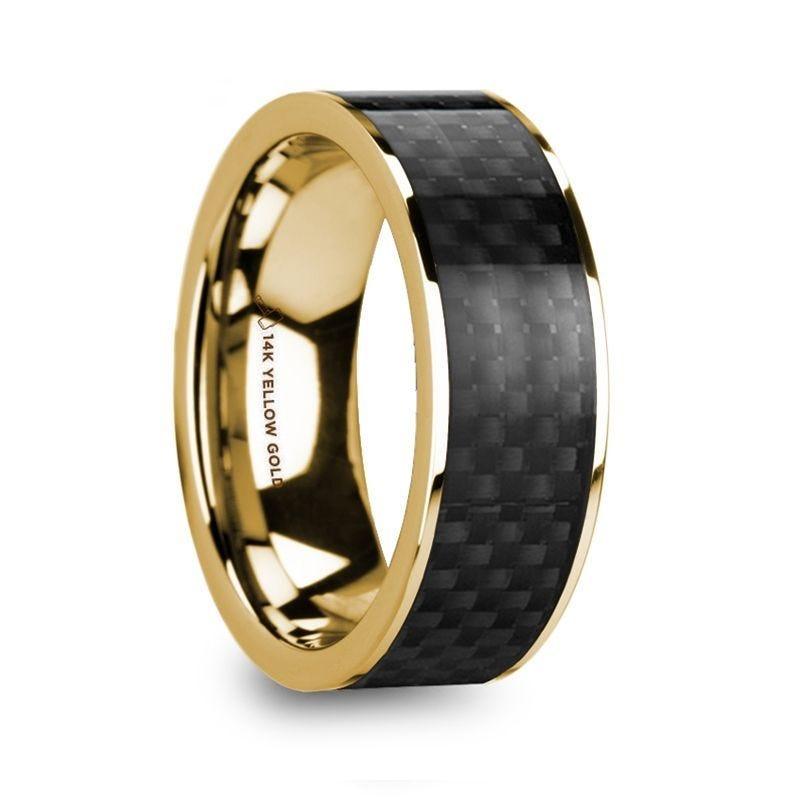 BARUCH Polished 14k Yellow Gold Men’s Wedding Ring with Black Carbon Fiber Inlay - 8mm - Thorsten Rings