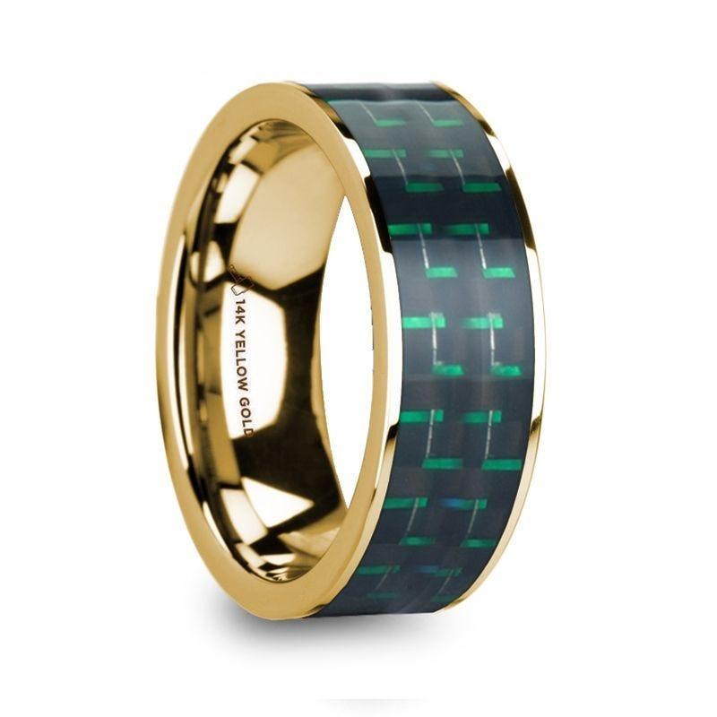 HALI Black & Green Carbon Fiber Inlaid 14k Yellow Gold Men’s Wedding Ring with Polished Finish - 8mm - Thorsten Rings