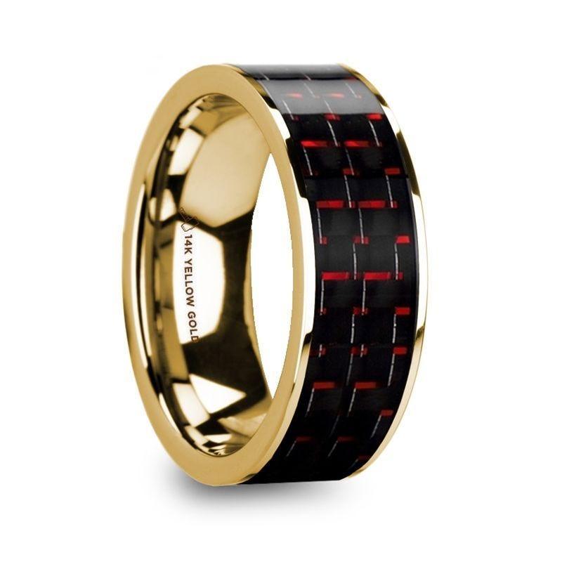COSTA Black & Red Carbon Fiber Inlaid 14k Yellow Gold Wedding Band with Polished Finish - 8mm - Thorsten Rings