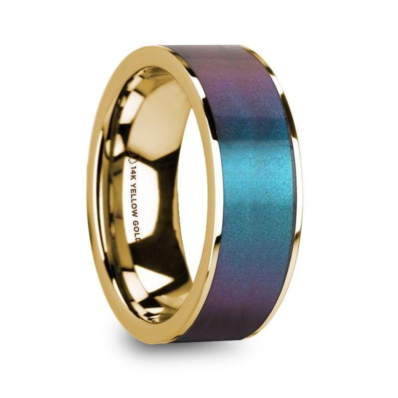 EUGEN Blue/Purple Color Changing Inlaid 14k Yellow Gold Men’s Polished Wedding Ring - 8mm - Thorsten Rings