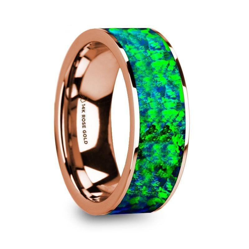 HESPEROS Men’s 14K Rose Gold & Green/Blue Opal Inlaid Flat Wedding Band - 8mm - Thorsten Rings