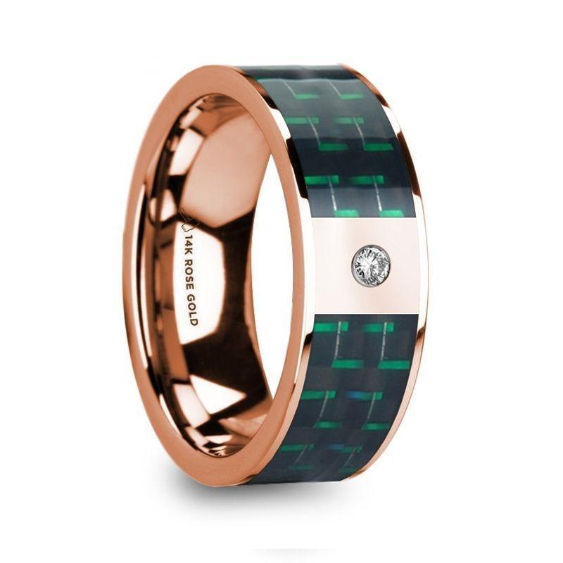 ISAAKIOS Diamond Accented 14k Rose Gold Men’s Wedding Ring with Black & Green Carbon Fiber Inlay - 8mm - Thorsten Rings
