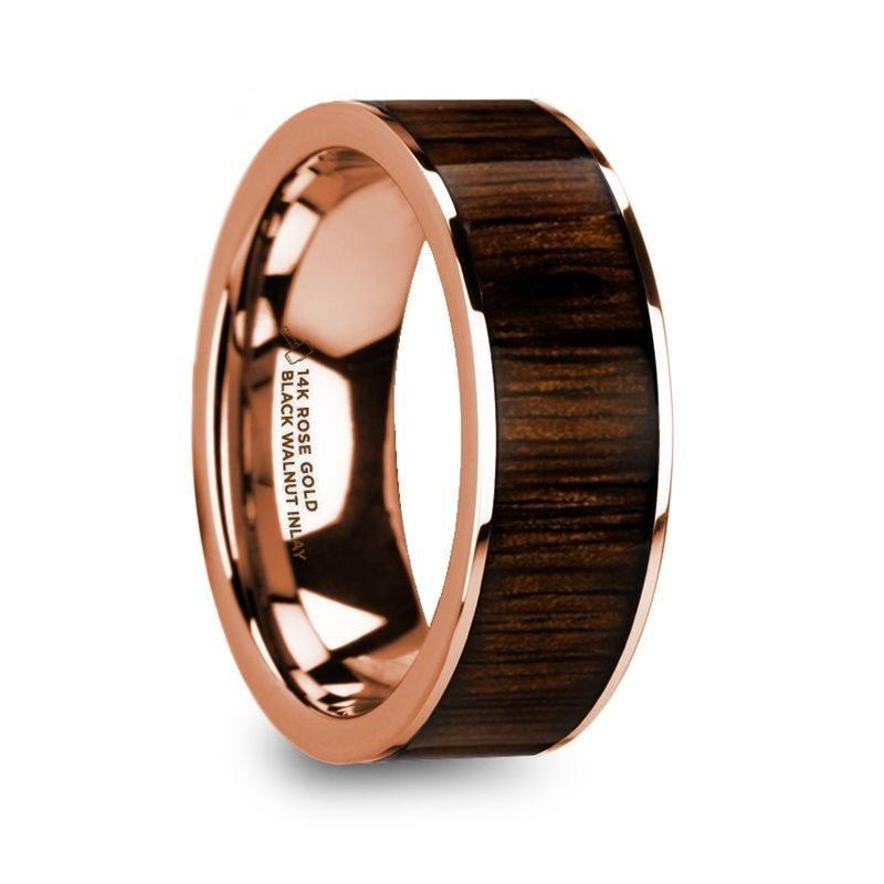 MITSOS Polished 14k Rose Gold Men’s Ring with Black Walnut Wood Inlay - 8mm - Thorsten Rings