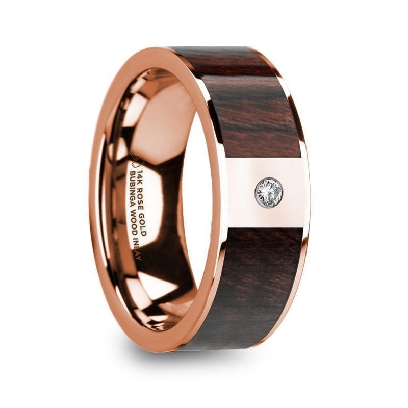 SILVANOS Polished 14k Rose Gold Men’s Wedding Band with Bubinga Wood Inlay & Diamond - 8mm - Thorsten Rings