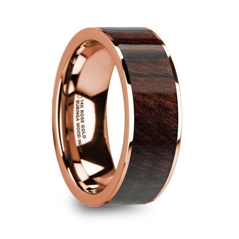 SOTERIOS 14K Rose Gold Men’s Flat Wedding Ring with Bubinga Wood Inlay - 8mm - Thorsten Rings