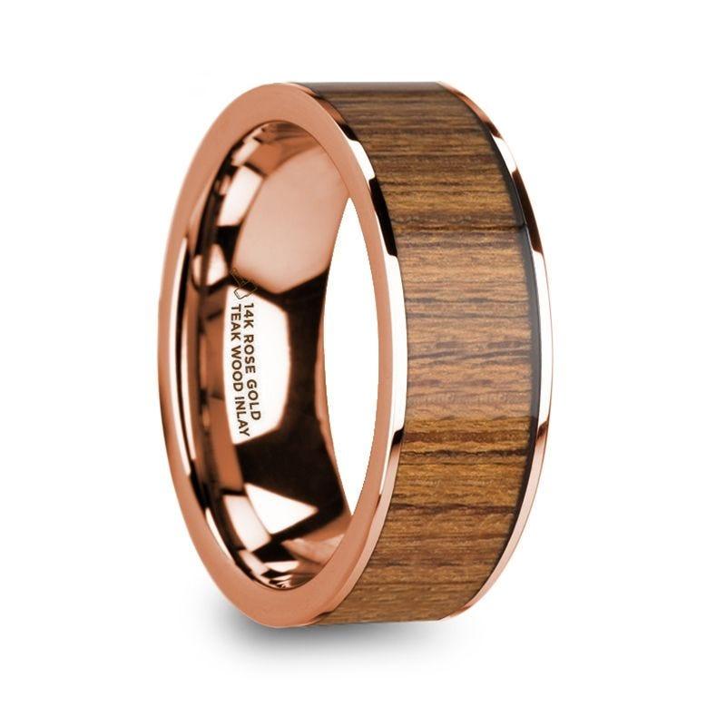VERNADOS Polished 14k Rose Gold Men’s Wedding Band with Teak Wood Inlay - 8mm - Thorsten Rings