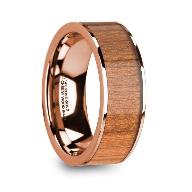ZACHEUS Polished 14k Rose Gold & Cherry Wood Inlay Men’s Flat Wedding Ring - 8mm - Thorsten Rings