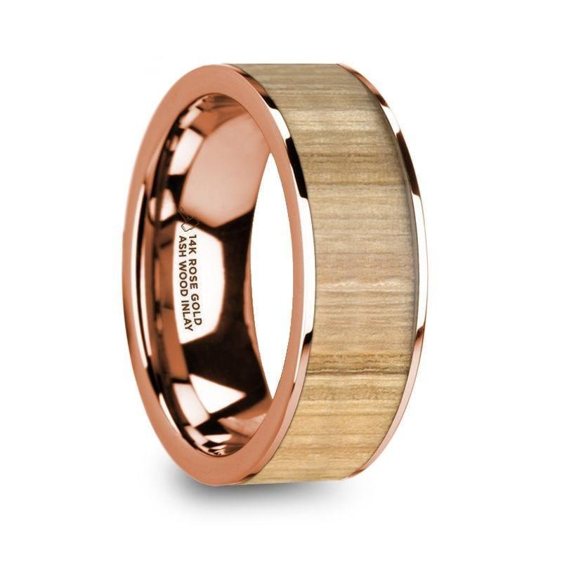 NICOMEDES Polished 14K Rose Gold Men’s Wedding Ring with Ash Wood Inlay - 8mm - Thorsten Rings