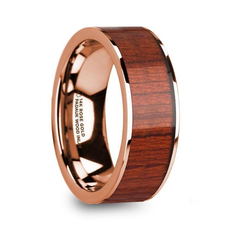 NIKANOR Polished Finish 14k Rose Gold Men’s Wedding Band with Padauk Wood Inlay - 8mm - Thorsten Rings
