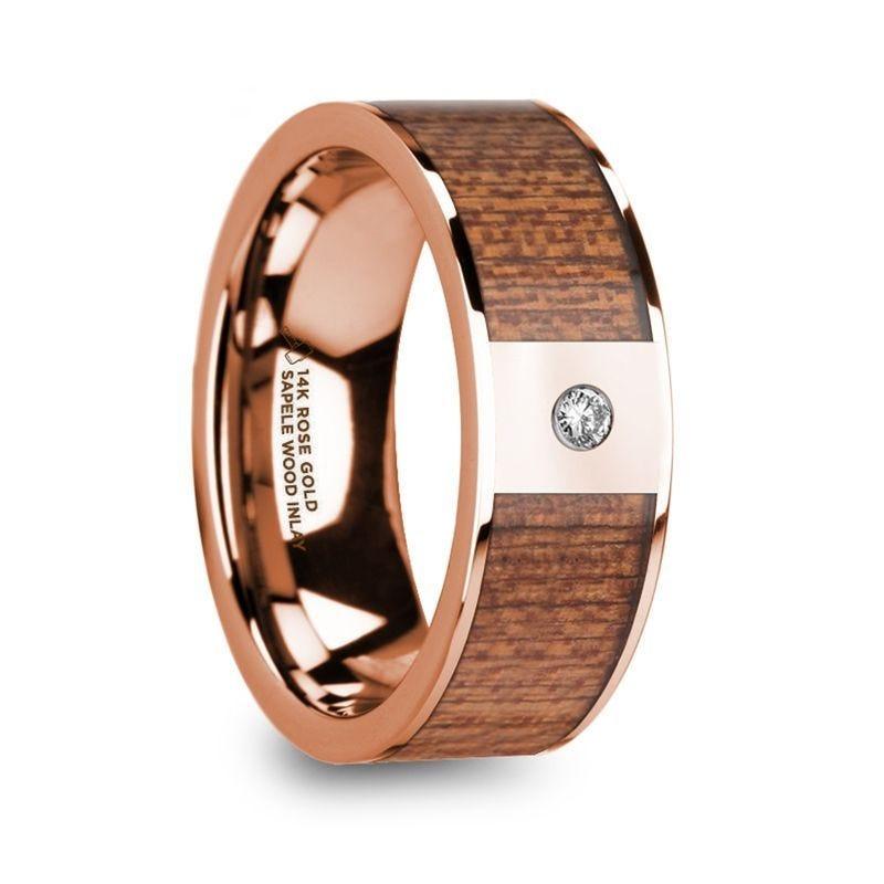 NIKEPHOROS Sapele Wood Inlaid Polished 14k Rose Gold Men’s Wedding Ring with Diamond Center - 8mm - Thorsten Rings
