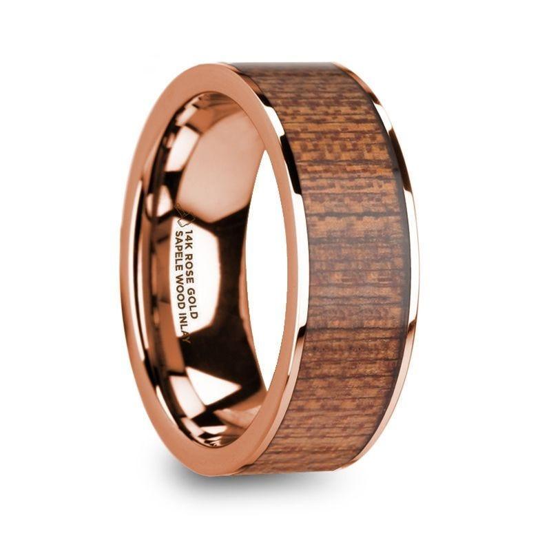 NIKETAS Men’s 14k Rose Gold Wedding Band with Sapele Wood Inlay & Polished Finish - 8mm - Thorsten Rings