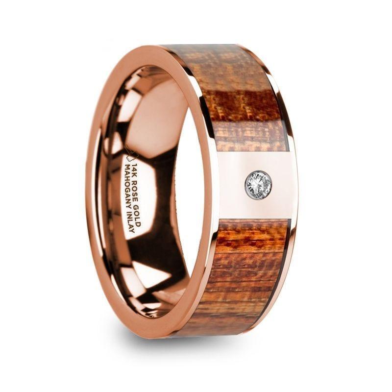 NIKIAS Men’s Polished 14k Rose Gold Wedding Band with Mahogany Wood Inlay & Diamond - 8mm - Thorsten Rings