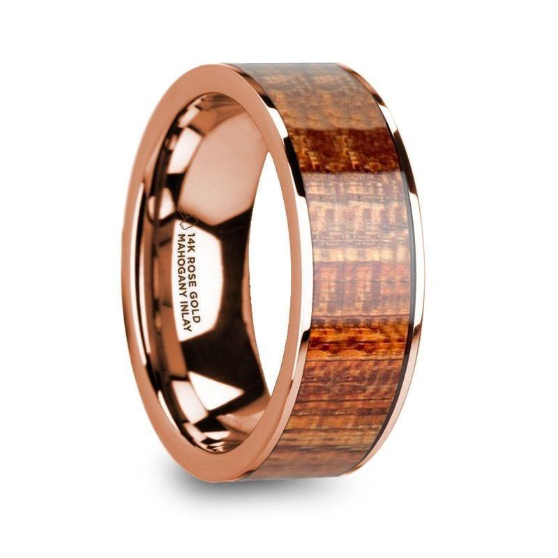 OLYMPIAS 14k Rose Gold & Mahogany Wood Inlaid Men’s Wedding Band with Polished Finish - 8mm - Thorsten Rings