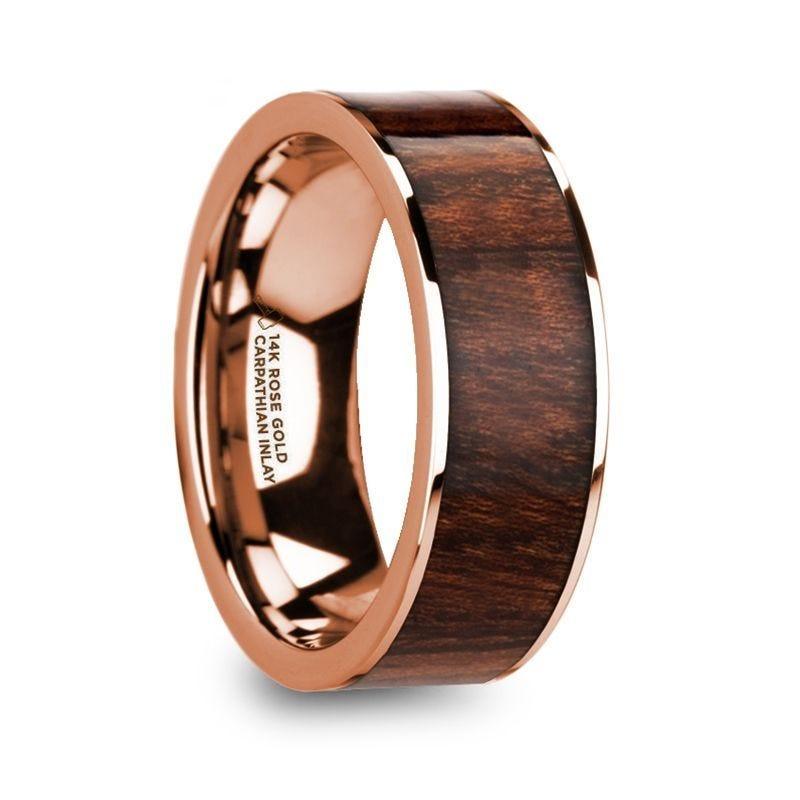 OLYMPOS Polished 14k Rose Gold Men’s Wedding Ring with Carpathian Wood Inlay - 8mm - Thorsten Rings