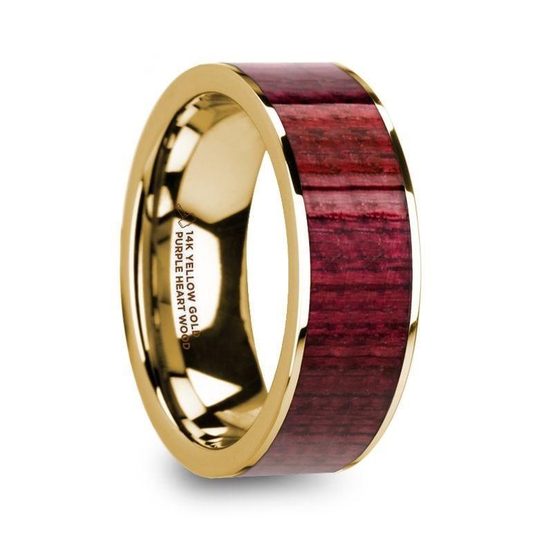 PHILO Polished 14k Yellow Gold Men’s Wedding Ring with Purpleheart Wood Inlay - 8mm - Thorsten Rings