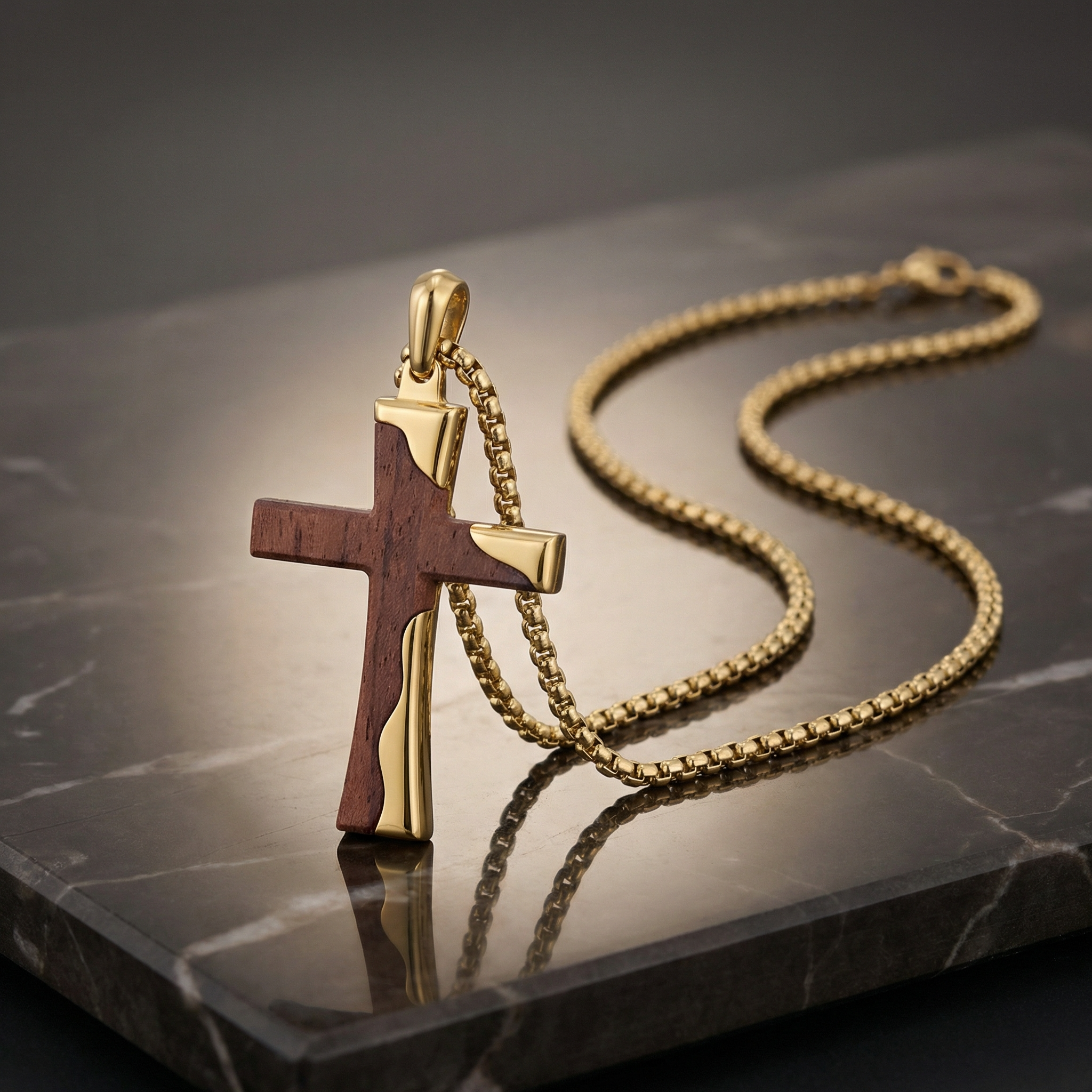 Gold Stainless Steel Cross Pendant With Bubinga Wood Inlay and 22in Matching Chain