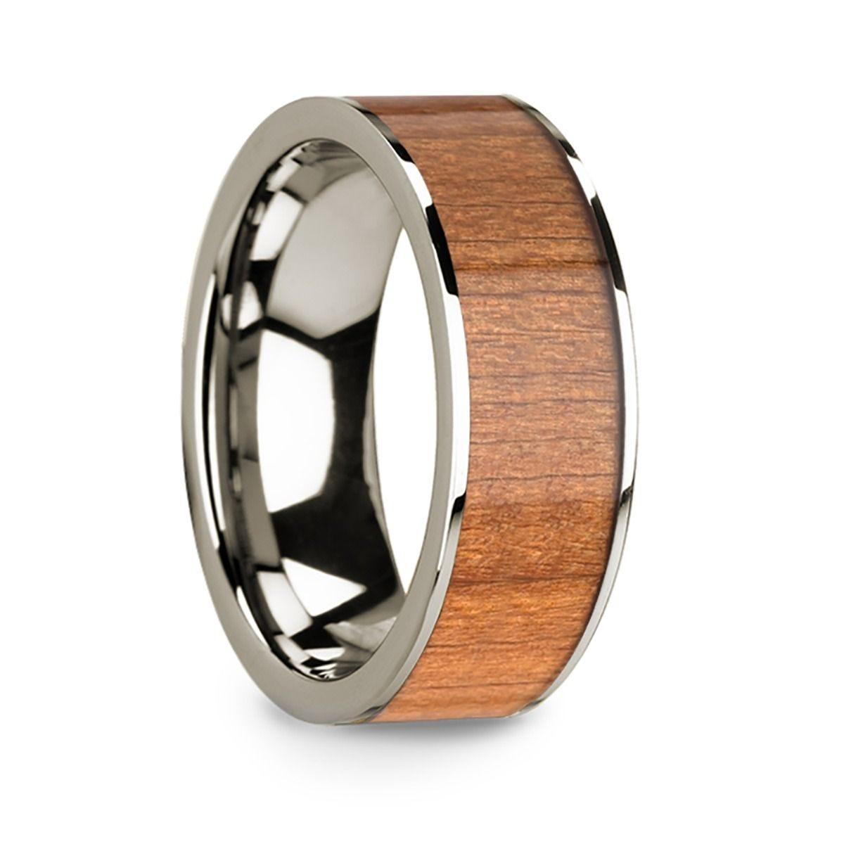 Men’s 14k White Gold Wedding Band with Sapele Wood Inlay & Polished Finish - 8mm - Thorsten Rings