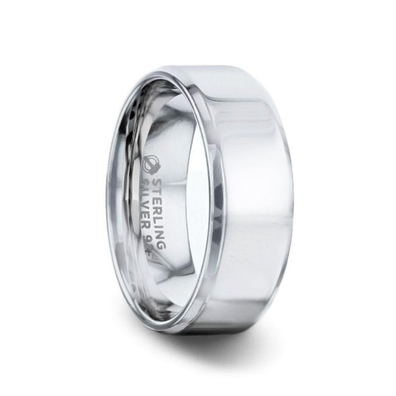 LUCY Silver Polished Finish Flat Center Women's Wedding Band With Beveled Edges - 4mm