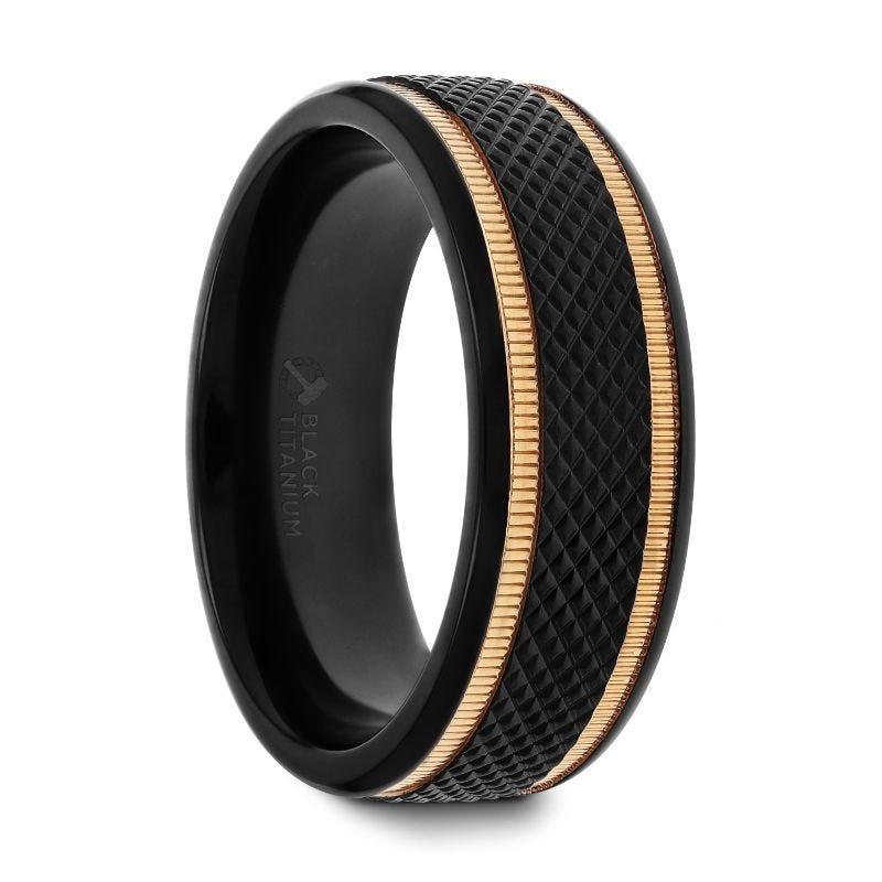 BAROQUE Black Titanium Diamond Pattern Brushed Finish Men’s Wedding Ring with Gold Milgrain Grooves – 8mm - Thorsten Rings