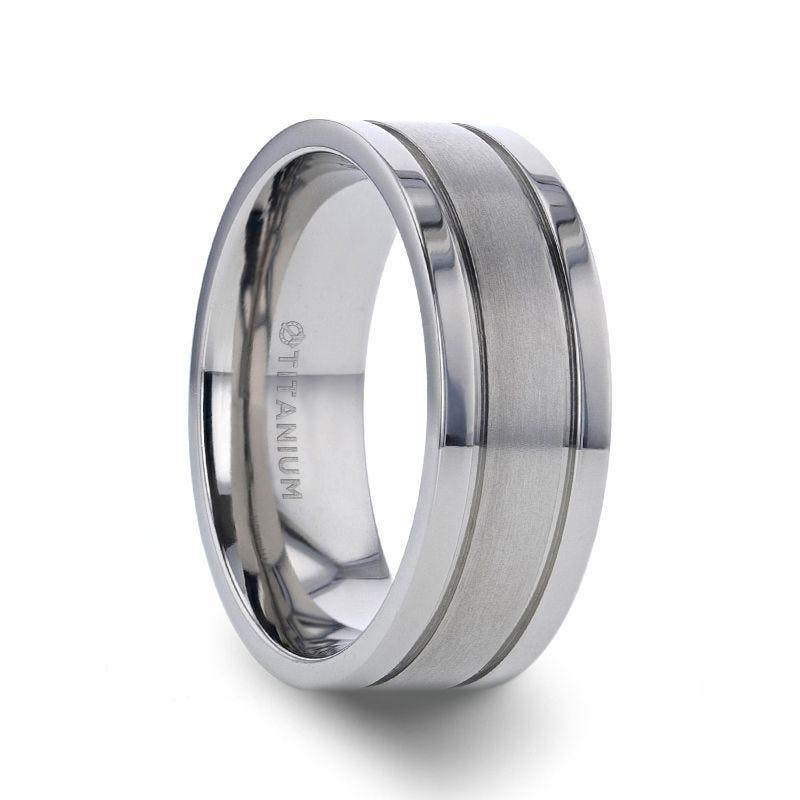 MAGNUM Flat Polished Edge Titanium Band with Offset Grooves and Satin Center - 8mm - Thorsten Rings