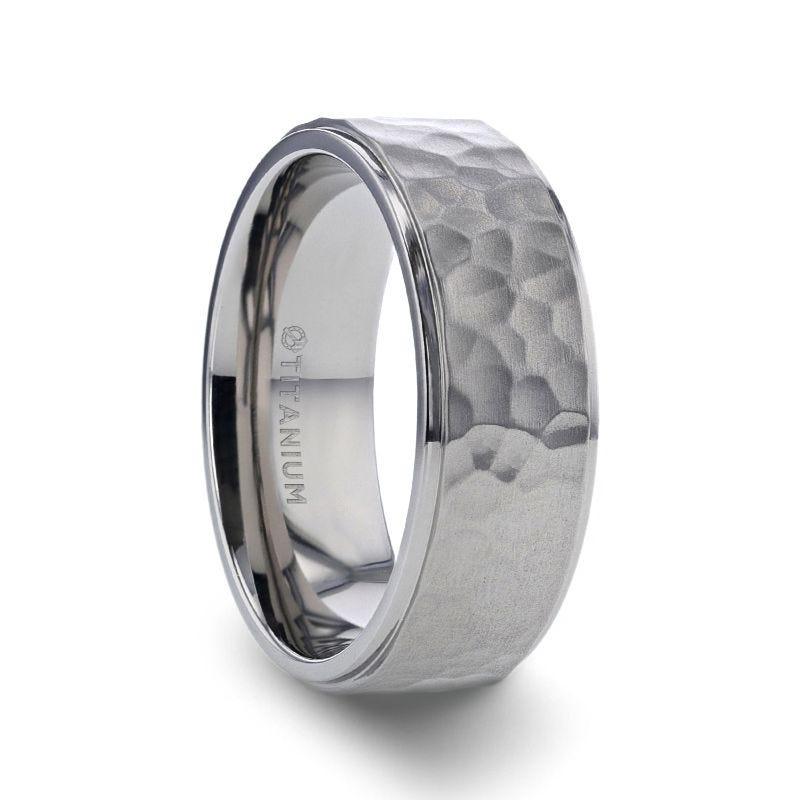 MINISTER Titanium Ring with Raised Hammered Finish and Polished Step Edges - 8mm - Thorsten Rings