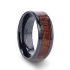 DOMINICA Black Titanium Band with Polished Bevels and Exotic Mahogany Hard Wood Inlay - 8mm - Thorsten Rings