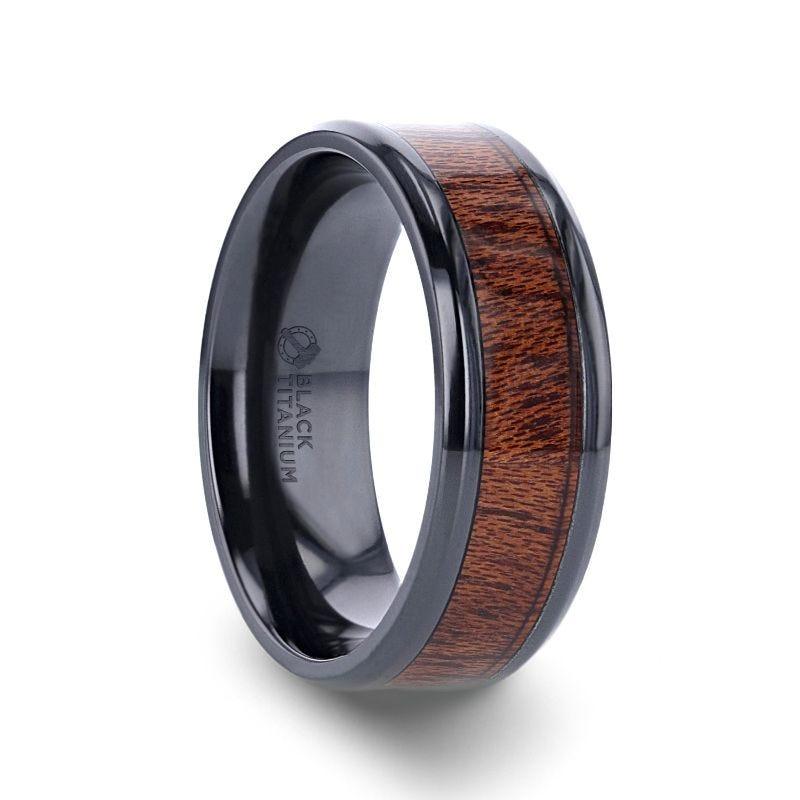 DOMINICA Black Titanium Band with Polished Bevels and Exotic Mahogany Hard Wood Inlay - 8mm - Thorsten Rings