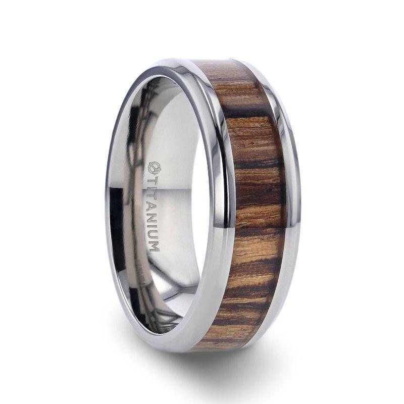 ZINGANA Titanium Ring with Beveled Edges and Real Zebra Wood Inlay - 8mm - Thorsten Rings