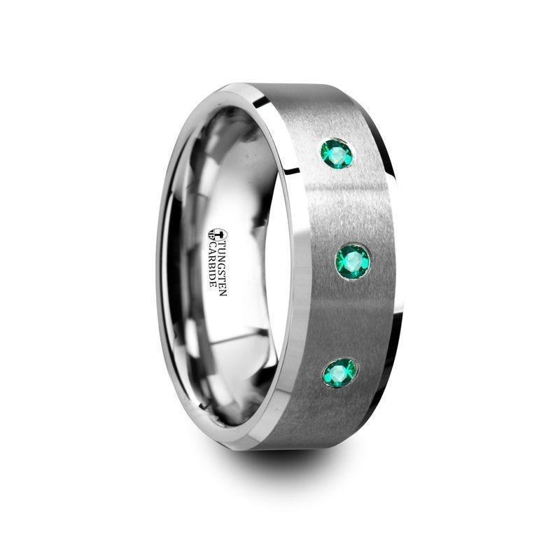 ICARUS Brushed Tungsten Men’s Wedding Ring with Polished Beveled Edges & 3 Emeralds - 8mm - Thorsten Rings