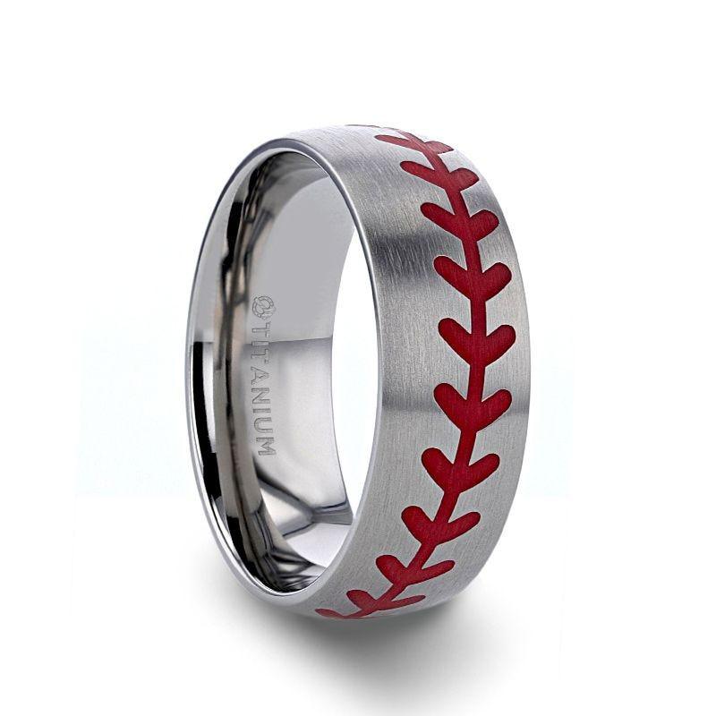 DIMAGGIO Titanium Brushed Finish Ring with Red Baseball Stitching Pattern - 8mm - Thorsten Rings