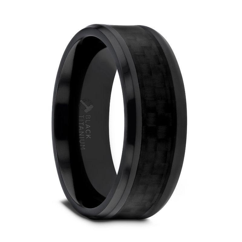 OXYN Black Titanium Polished Beveled Edges Black Carbon Fiber Inlaid Men’s Wedding Band - 6mm & 8mm - Thorsten Rings
