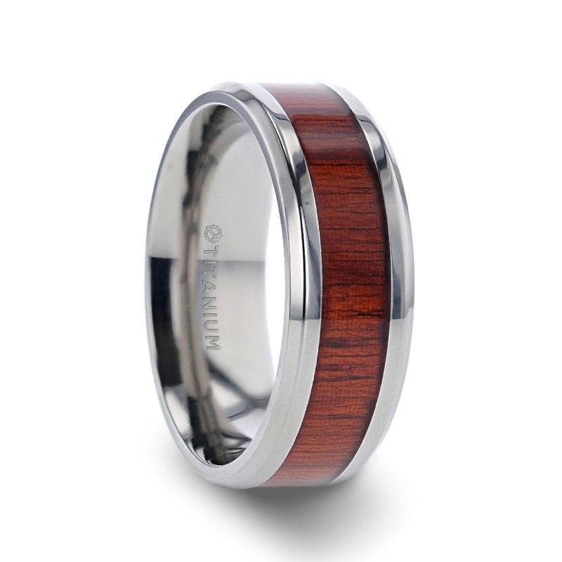 NORRO Titanium Polished Beveled Edges Padauk Wood Inlaid Men’s Wedding Band - 6mm & 8mm - Thorsten Rings