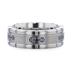 COURAGEOUS Brushed Center Titanium Men's Wedding Band With Double Grooved Polished Edges And Black Diamond Settings - 8mm