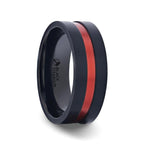 BLAZE Flat Brushed Black Titanium Men's Wedding Band With Red Aluminum Groove Brushed Center - 8mm - Thorsten Rings