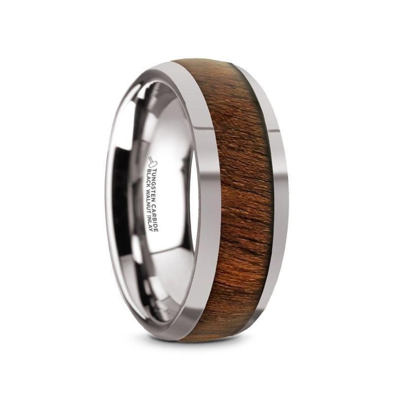 JUGLAN Tungsten Carbide Polished Finish Men’s Domed Wedding Ring with Exotic Black Walnut Wood Inlay - 8mm - Thorsten Rings